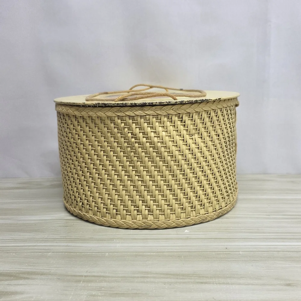 Vintage Soft Yellow Wicker Sewing Basket